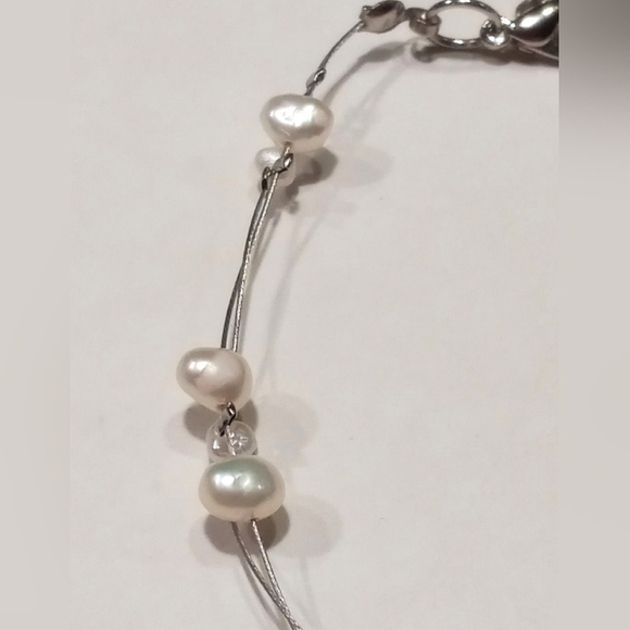 Double Strand Silver Wire Pearl Bracelet Dainty Silver Tone - Picture 5 of 6